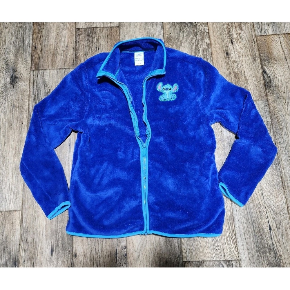 Disney Lilo Stitch Blue Full Zip Fuzzy Fleece Sweater Jacket Size Large EUC